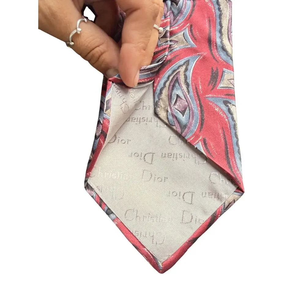 Christian Dior Monsieur Silk Tie Red Geo Pattern Made in Italy Vintage Designer